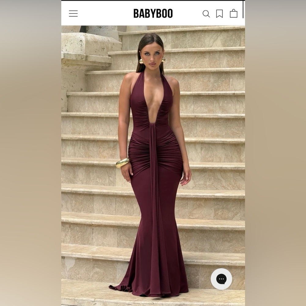 NWOT Babyboo Rosetta in Cherry Lacquer Chic Halter Maxi Dress in Deep Burgundy